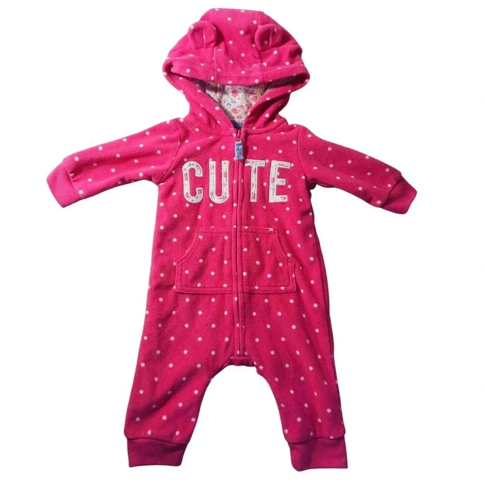 Carter's 3M Pink Polka Dot Hooded Romper Fleece‎ One Piece 